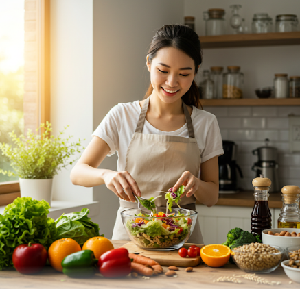 영양소를 생각하여 채소와 과일로 요리하는 여성