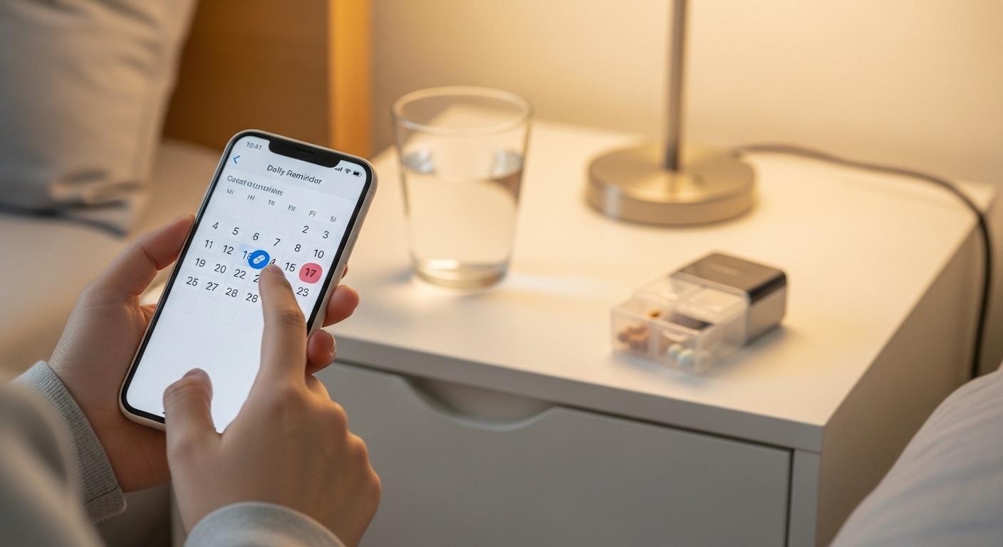 경구 피임약 복용 시간을 알람 설정하는 한국인 여성의 손, 꾸준한 복용의 중요성을 강조