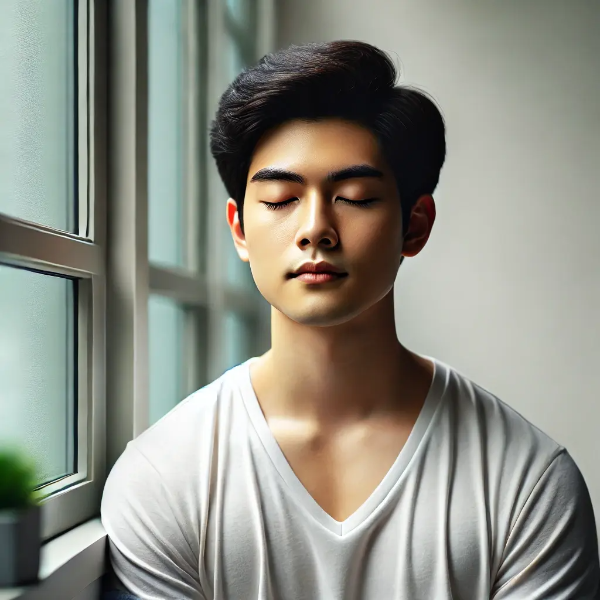 창가에서 눈을 감고 심호흡하며 안정을 찾는 동양인 남성