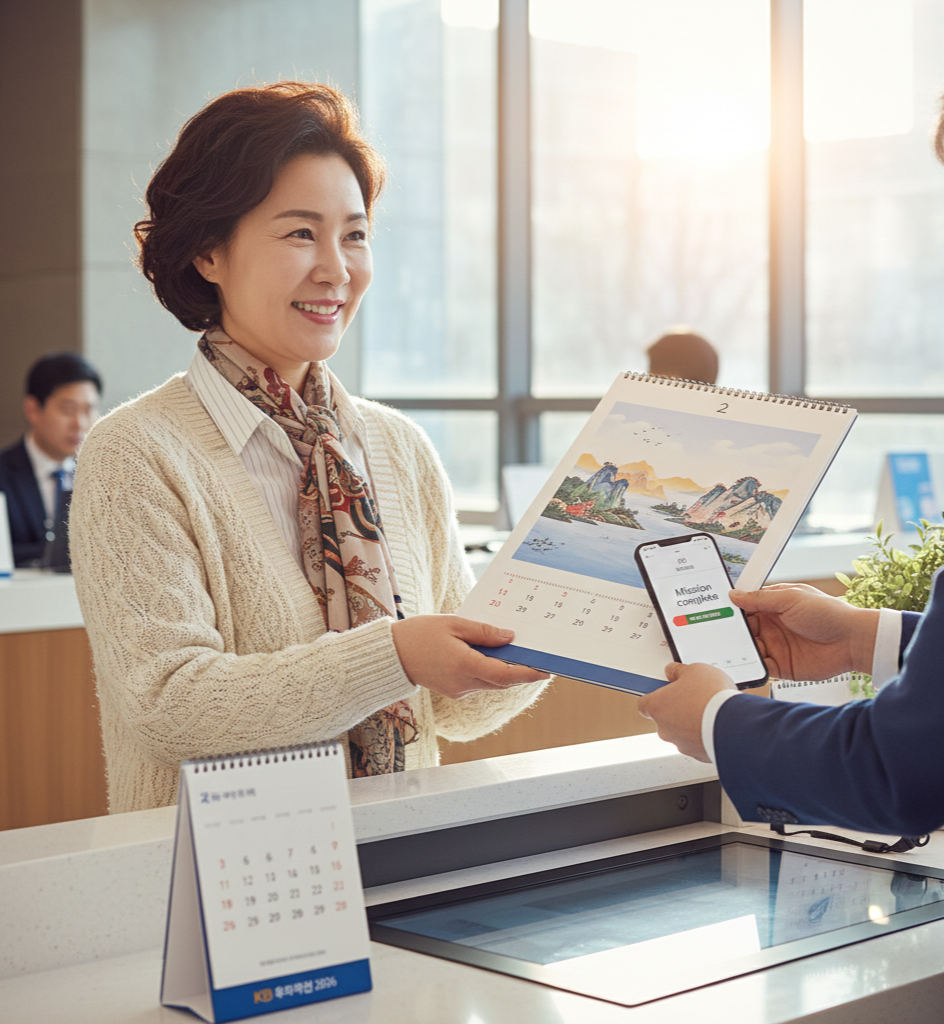 2026년 은행 달력(국민, 신한, 우리, 하나)을 활용하여 중요한 일정을 메모하고 확인하는 여성
