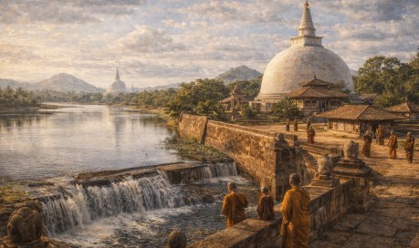 고대 스리랑카 아누라다푸라에 건설된 대형 저수지와 불교 사원의 전경