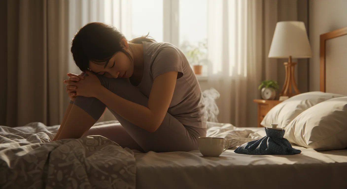 &quot;생리통 완화를 위해 아침에 침대에서 '누워서 무릎 안기' 스트레칭을 하며 통증을 다스리는 여성&quot;