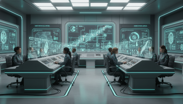 최첨단 원자력 발전소의 통제실에서 숙련된 운영자들이 홀로그램 화면을 통해 안전 시스템을 정밀하게 모니터링하는 모습. 안전 기술과 인간 전문성을 강조.