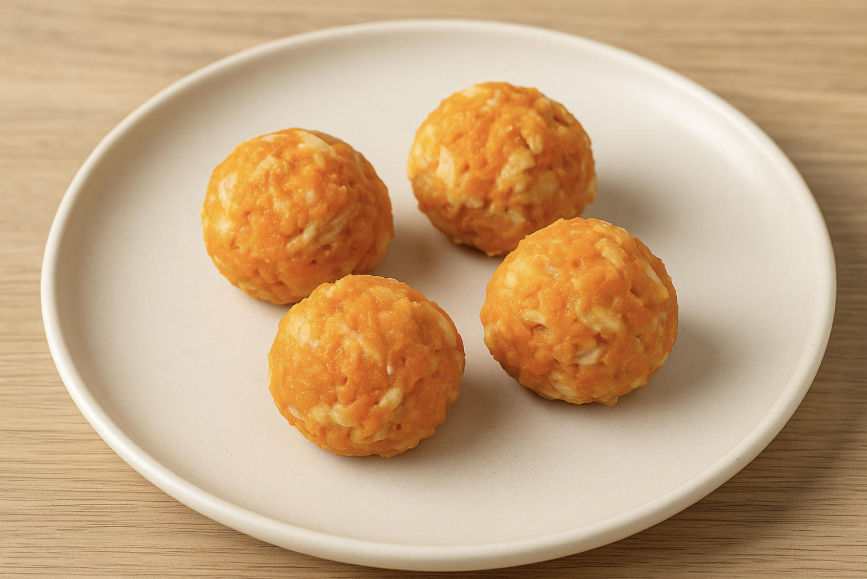 연한 나무 테이블 위 아이보리색 접시에 담긴 고구마와 닭가슴살로 만든 강아지 수제 간식 네 알.