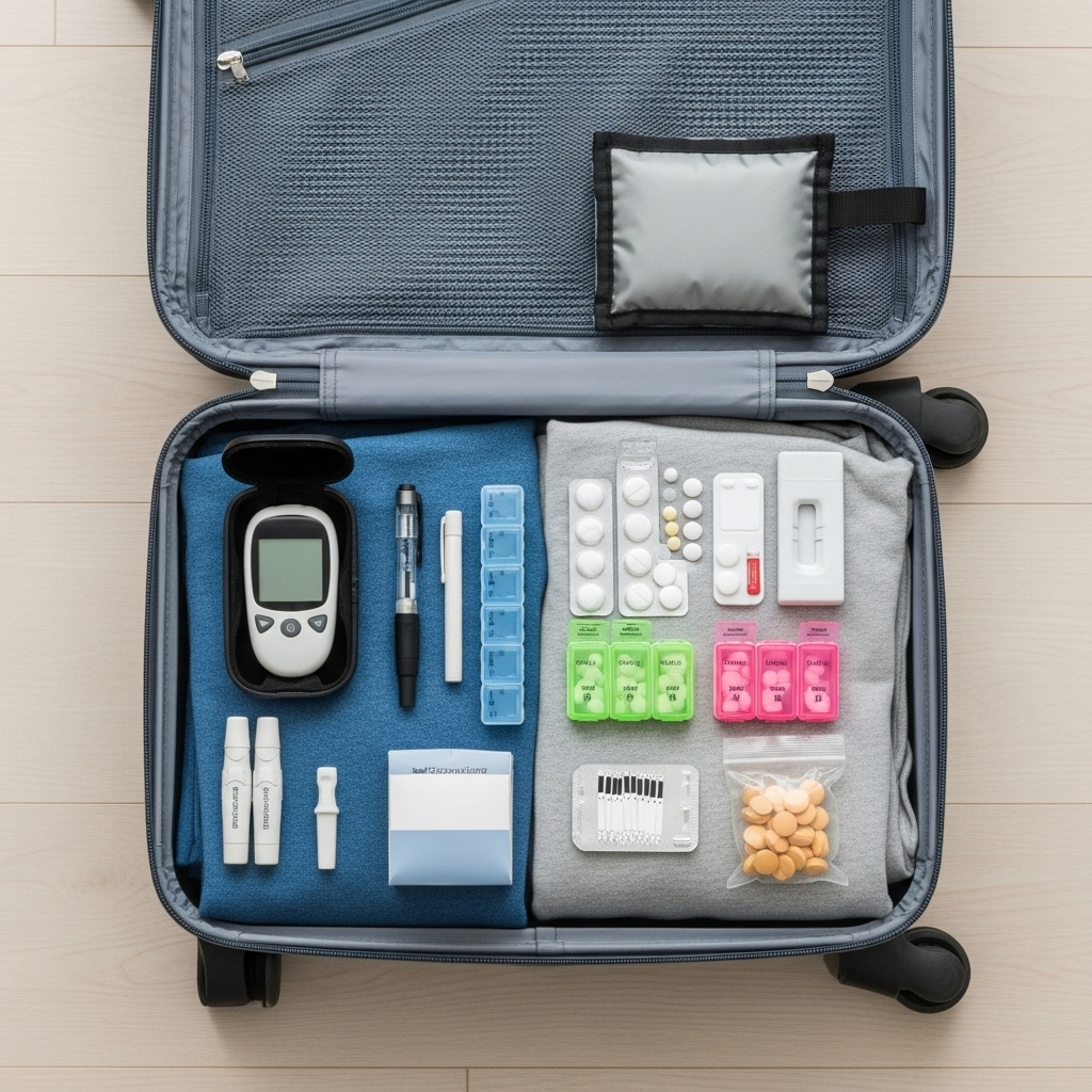 여행 가방 위에 혈당측정기, 인슐린 펜, 약, 간식 등이 깔끔하게 정리되어 있는 탑다운 뷰 이미지