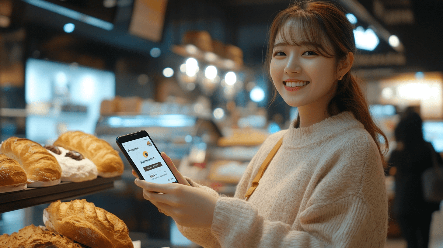 빵집에-휴대폰을-들고-있는-여성