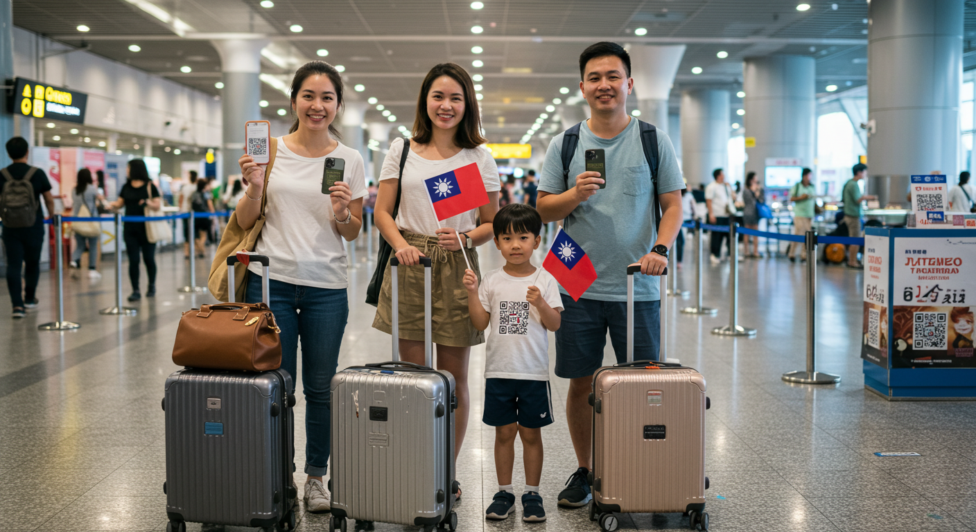 대만 공항에서 럭키드로우 참여를 기다리는 가족 여행객