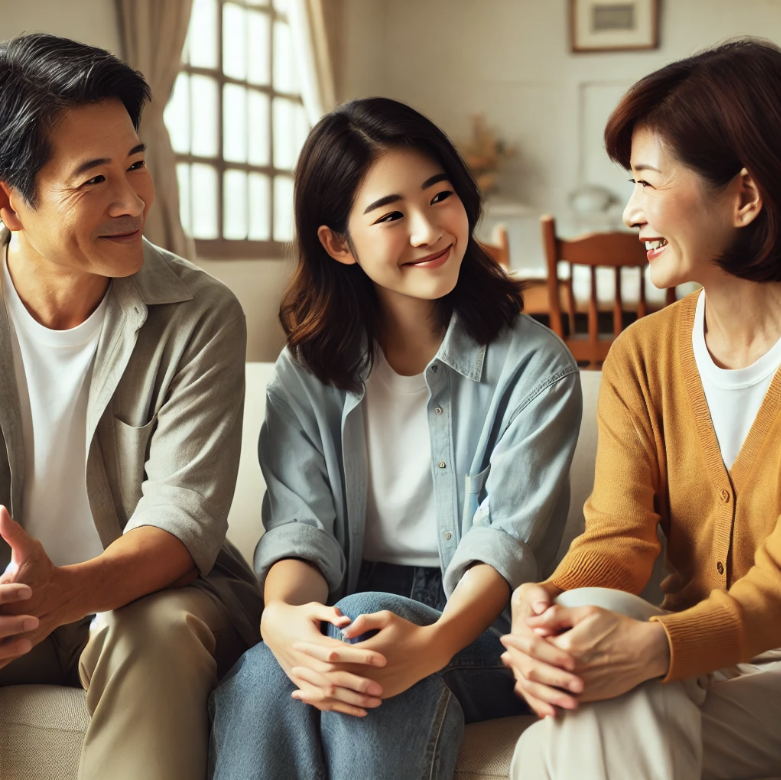 중년 부모와 성인 자녀가 따뜻하게 대화하는 가족 모습