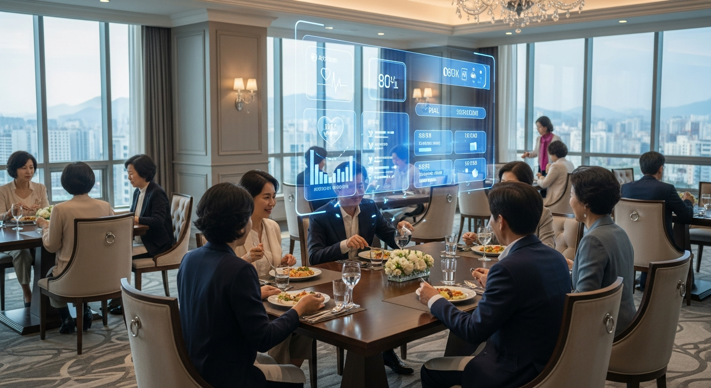 고급 호텔식 실버타운(시니어 레지던스)의 내부. 검은 머리의 젊어 보이는 중년 한국인들이 식사를 즐기며 사교 활동을 하고 있다. 공중에 떠 있는 홀로그램 인터페이스가 건강 데이터와 일일 일정을 보여준다.