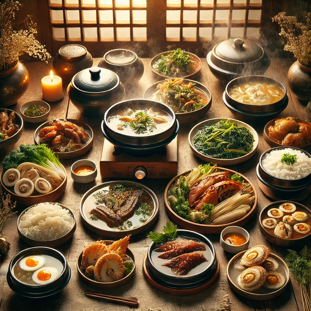 원기회복에 좋은 겨울보양식 음식들이 상위게 가지런히 놓여있다