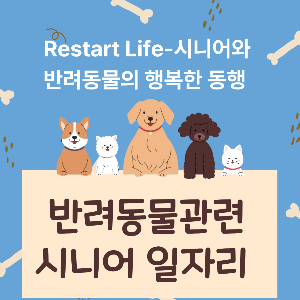 반려 동물 관련 시니어 일자리 팻말을 들고 있는 반려 동물들의 귀여운 모습으로 반려 동물 시리즈 대표 썸네일 이미지