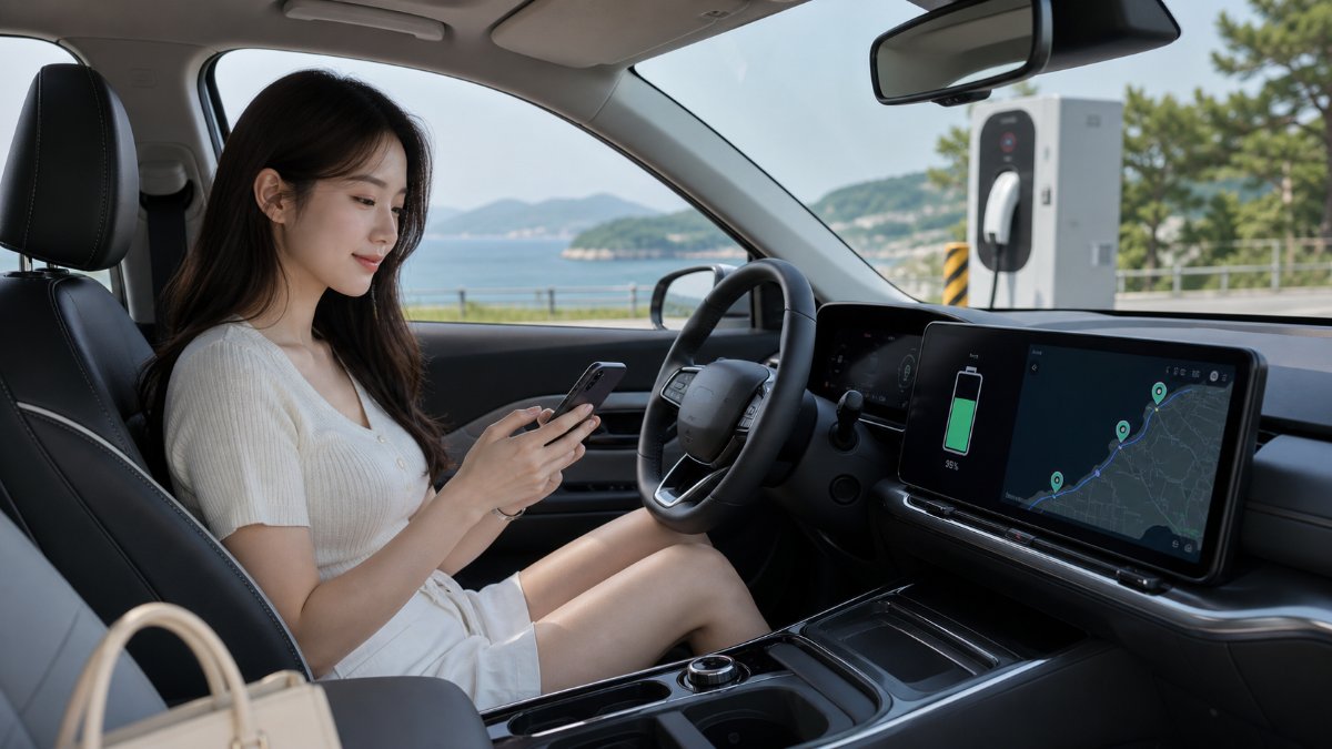 차량 안에서 전기차 충전 경로와 배터리 잔량을 점검하는 장면