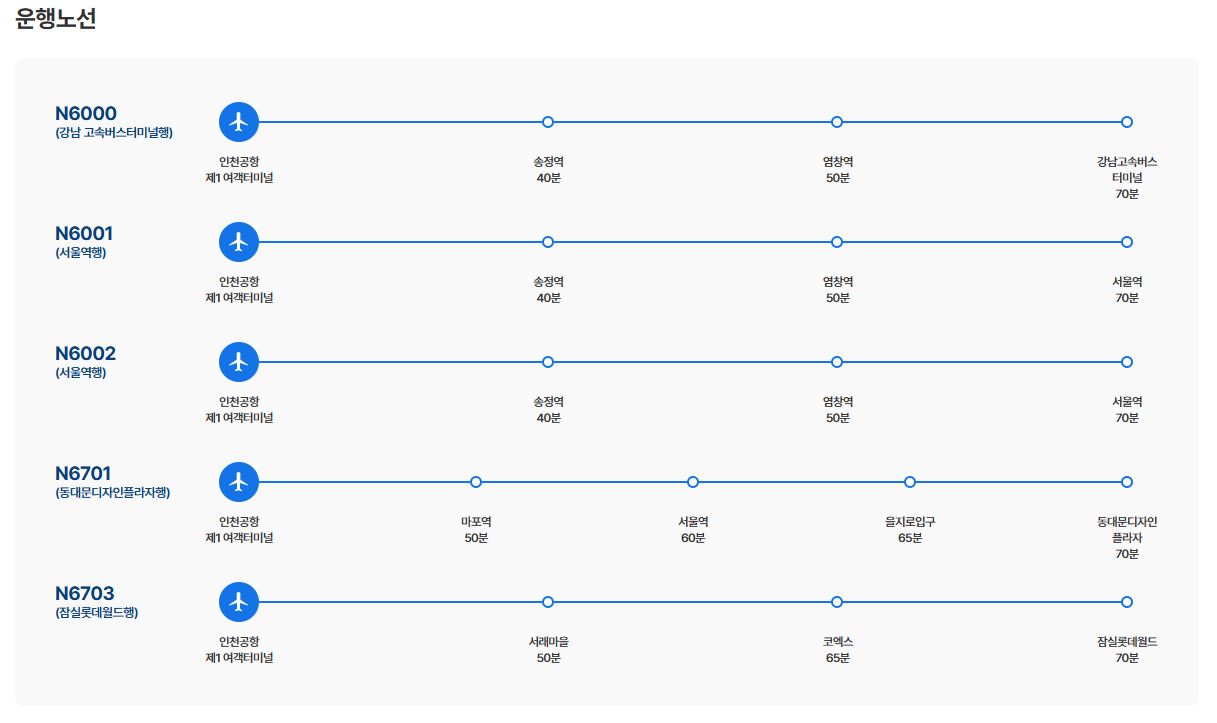 인천공항 심야버스 시간표, 노선