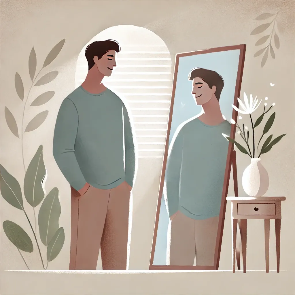 거울 앞에 서 있는 자존감 높이는 남자