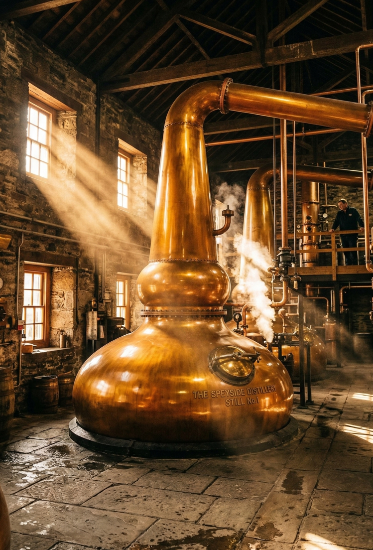 스코틀랜드 위스키 증류소 내부에서 황금빛 햇살을 받으며 빛나고 있는 대형 구리 증류기와 고풍스러운 증류소 내부 전경 사진