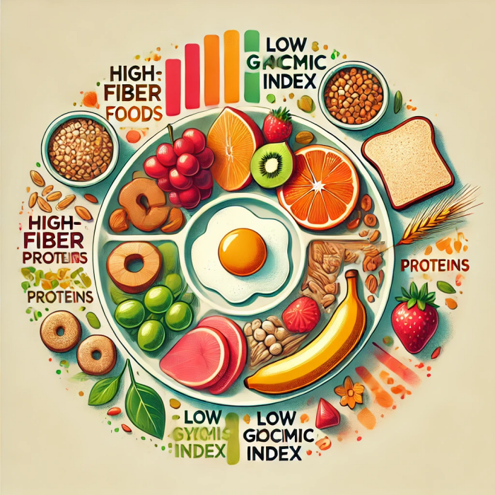 혈당 관리를 위한 고섬유질 식품과 단백질이 포함된 균형 잡힌 아침 식사 이미지.