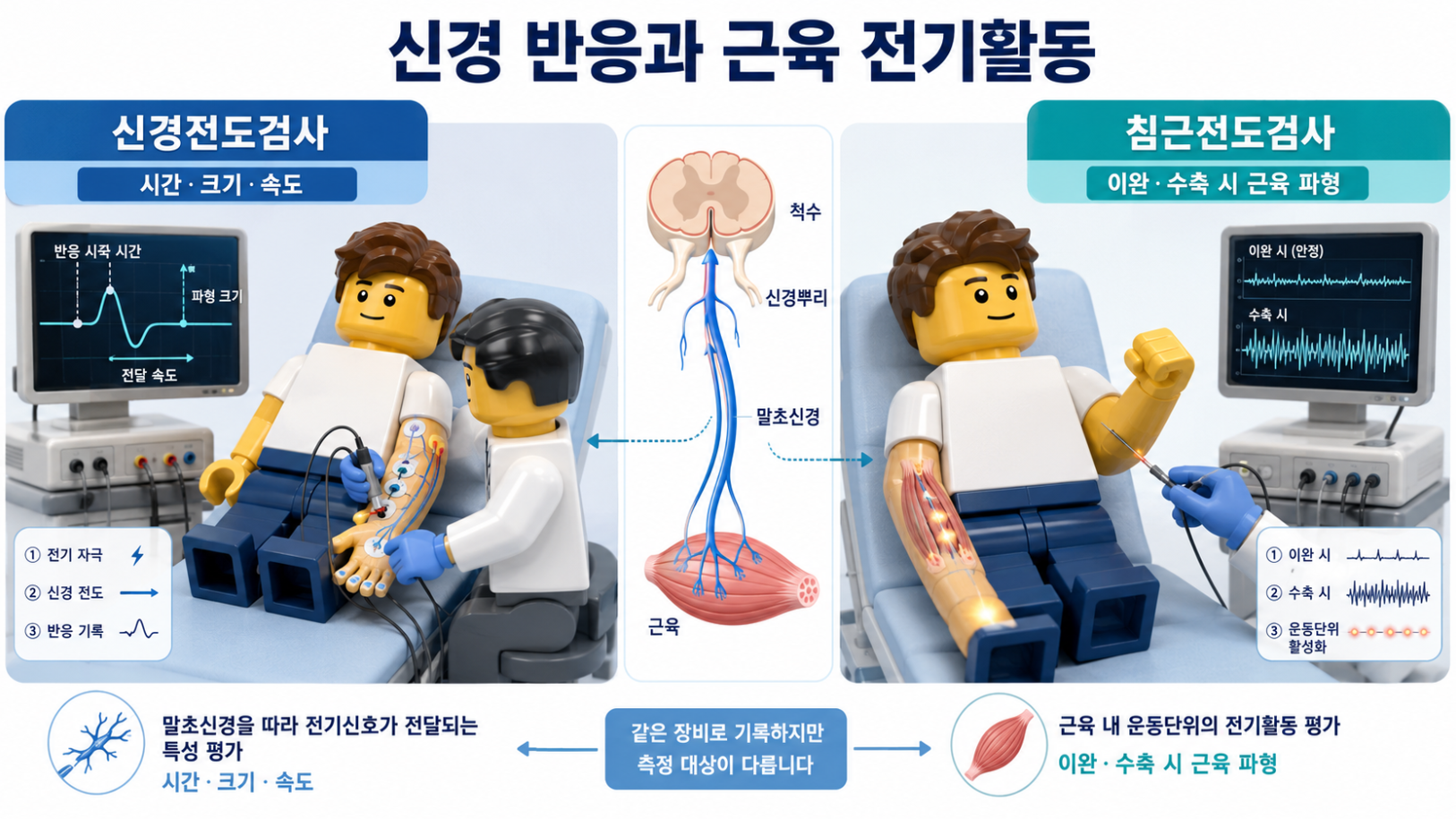 신경전도검사와 침근전도검사가 기록하는 신경 반응과 근육 전기활동의 차이를 비교한 의료 인포그래픽