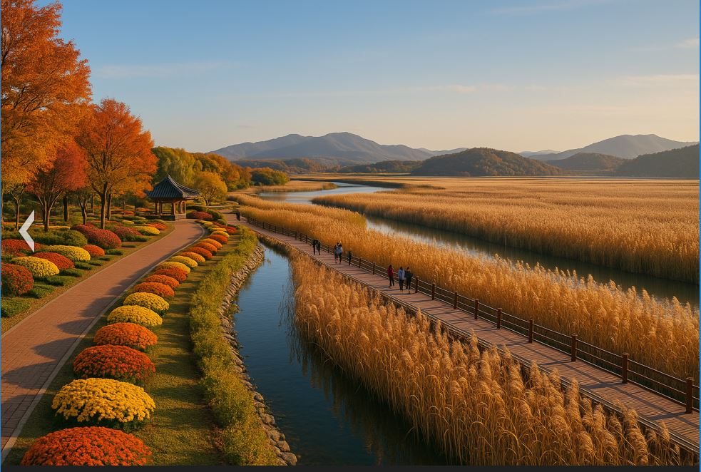 갈대밭에서 걷는 사람들 사진