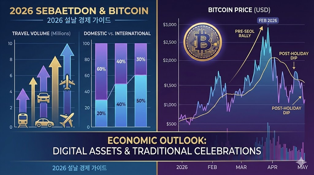2026년 설날 경제 지표와 비트코인 시세를 시각화한 인포그래픽