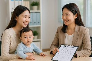 복지로에서 국민행복카드 신청서를 작성하는 한국인 여성 이미지