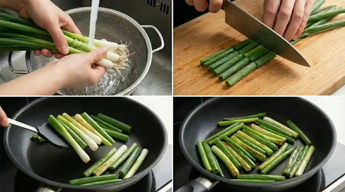 대파찜질을 위해 대파를 물로 닦고, 5~6cm로 자른 뒤 프라이펜에 데우고 있는 모습