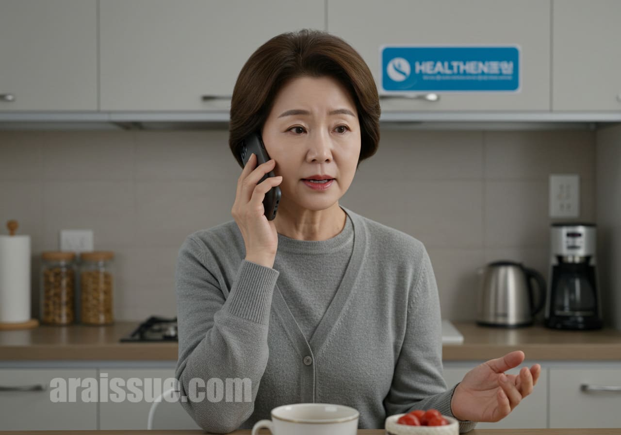 스마트폰을 들고 보건소에 갱년기 지원 프로그램에 대해 문의하는 50대 한국 여성의 모습. 현대적인 주방 배경에서 스마트폰을 사용해 통화하는 모습입니다.