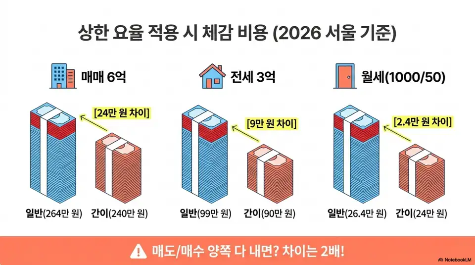 중개수수료 부가세: 2026년 서울 기준 매매 6억(24만 원 차이), 전세 3억(9만 원 차이), 월세 보증금 1000만/월 50만(2.4만 원 차이)의 일반과세자와 간이과세자 간 실제 납부액 차이를 지폐 그래프로 비교한 인포그래픽 이미지. 이 이미지는 거래 유형별 과세유형에 따른 복비 총 납부액 비교와 관련된 내용을 설명함