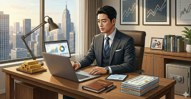 회사에서 자산관리하는 남성이미지