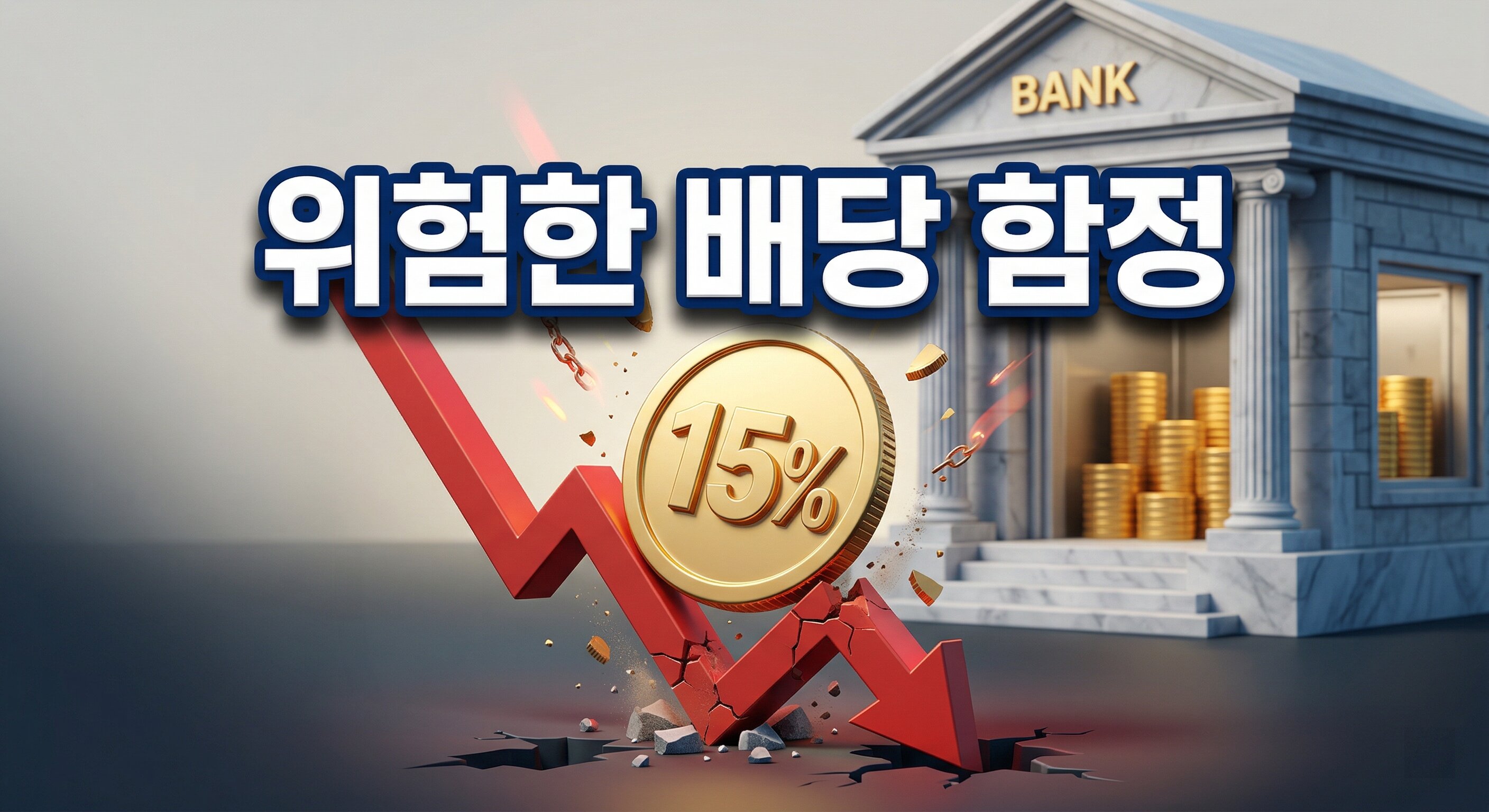하락하는 빨간 화살표 위에 위태롭게 놓인 15퍼센트 금화와 안정적인 은행 배경에 짙은 그림자와 외곽선으로 선명하게 강조된 '위험한 배당 함정'이라는 한글 문구가 중앙에 적힌 3D 일러스트