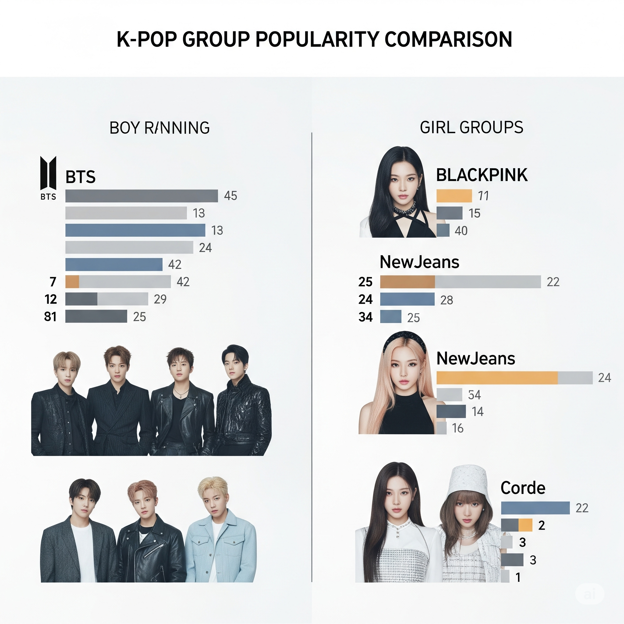 보이그룹, 걸그룹, 인기순위, 비교, 방탄소년단, 블랙핑크, 뉴진스