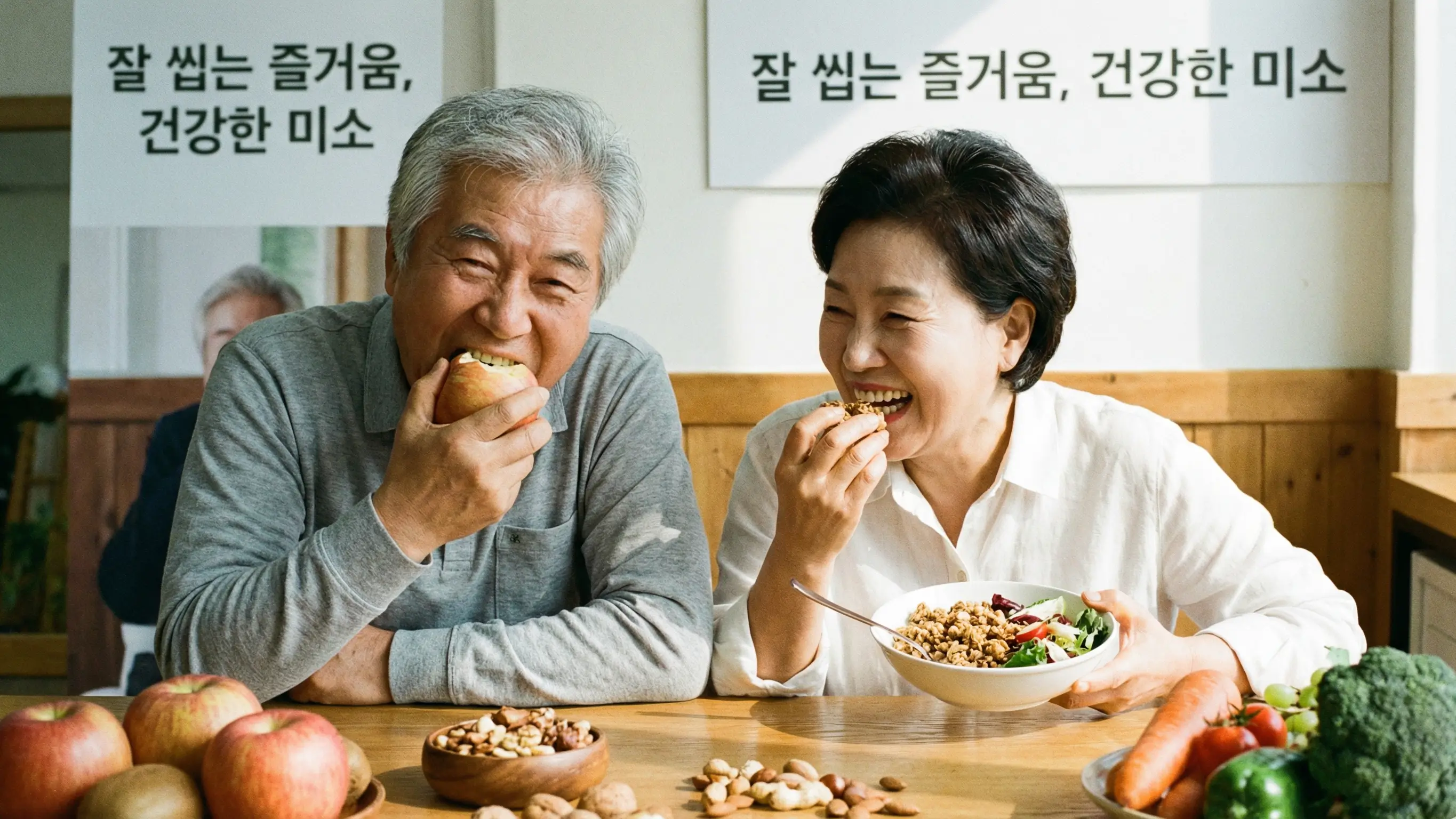 행복하게 식사하고 있는 건강한 노부부의 모습, 잘 씹을 수 있는 치아 건강 강조