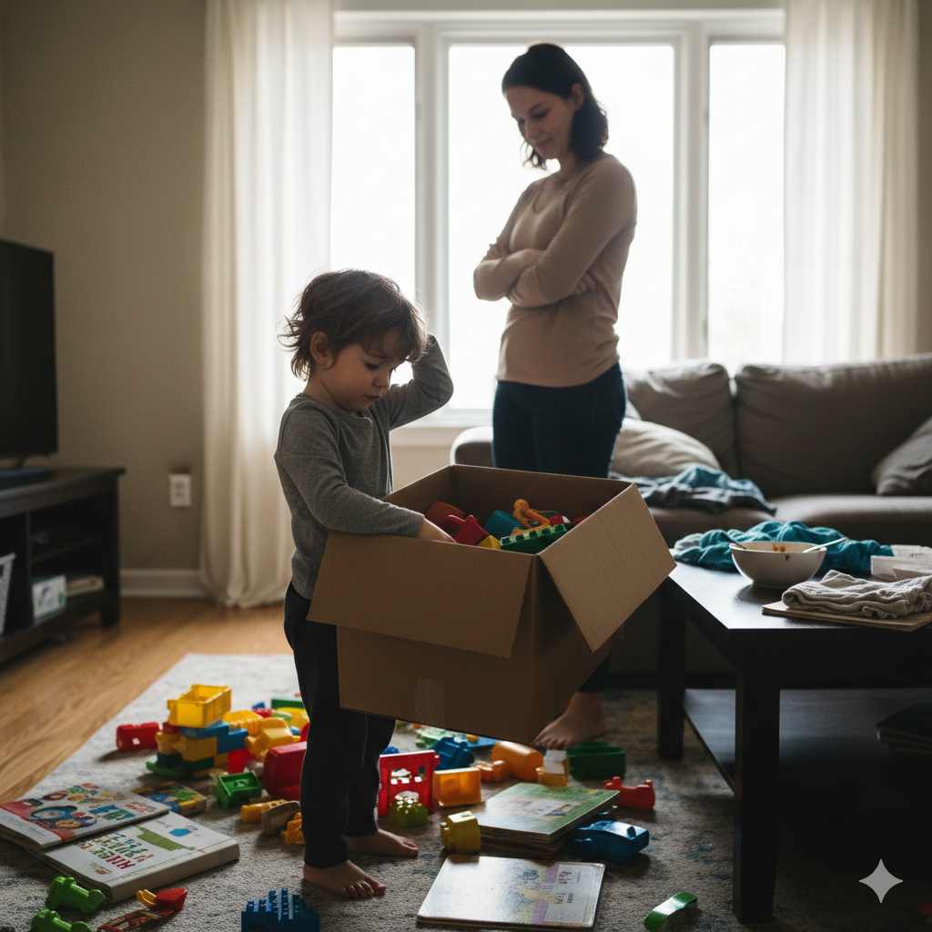 어질러진 거실 한복판에서 장난감 상자를 들고 고민에 빠진 아이와 그를 따뜻하게 바라보는 엄마의 뒷모습