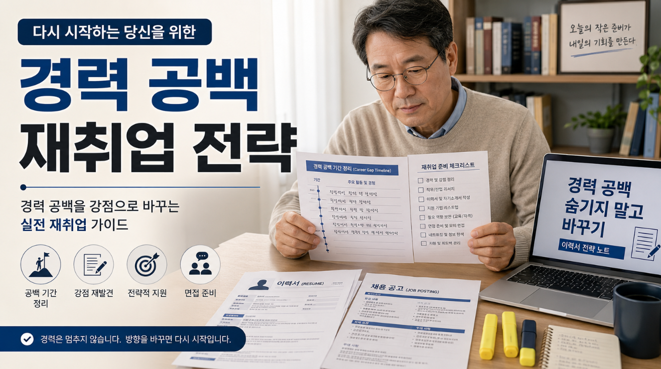 경력 공백이 긴 50대가 재취업 전략과 이력서 공백 설명을 준비하는 모습