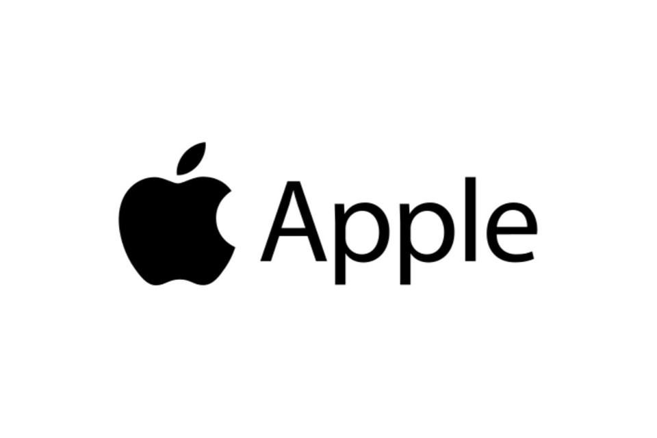 한입 배어문 사과 모양의 애플 로고와 "Apple"이라는 글이 적혀있는 흰색 배경의 이미지