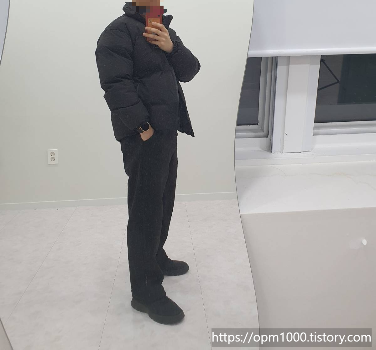 해외직구-테무-겨울-패딩-거울샷-옆모습-전체-오른쪽-어깨-라인