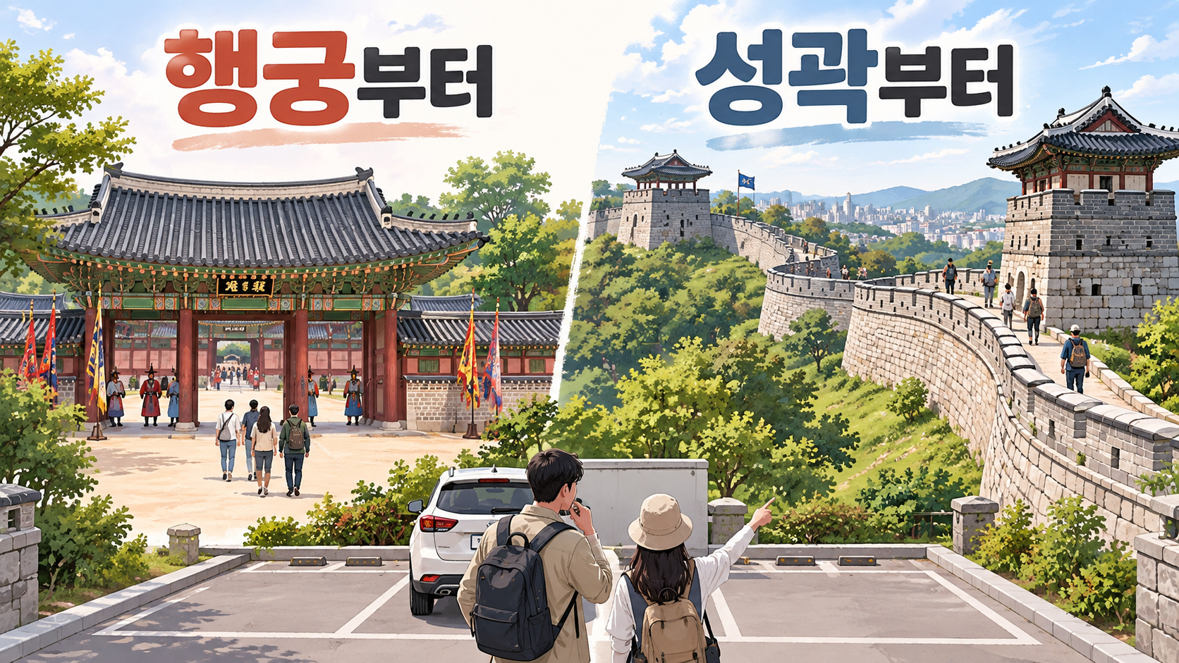 행궁 관람과 성곽 산책 중 첫 목적지를 고르는 일러스트입니다. 실제 도로 지도는 아닙니다.