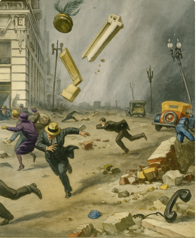 20세기 초 도시 거리에서 강한 지진이 발생한 순간을 그린 삽화이미지