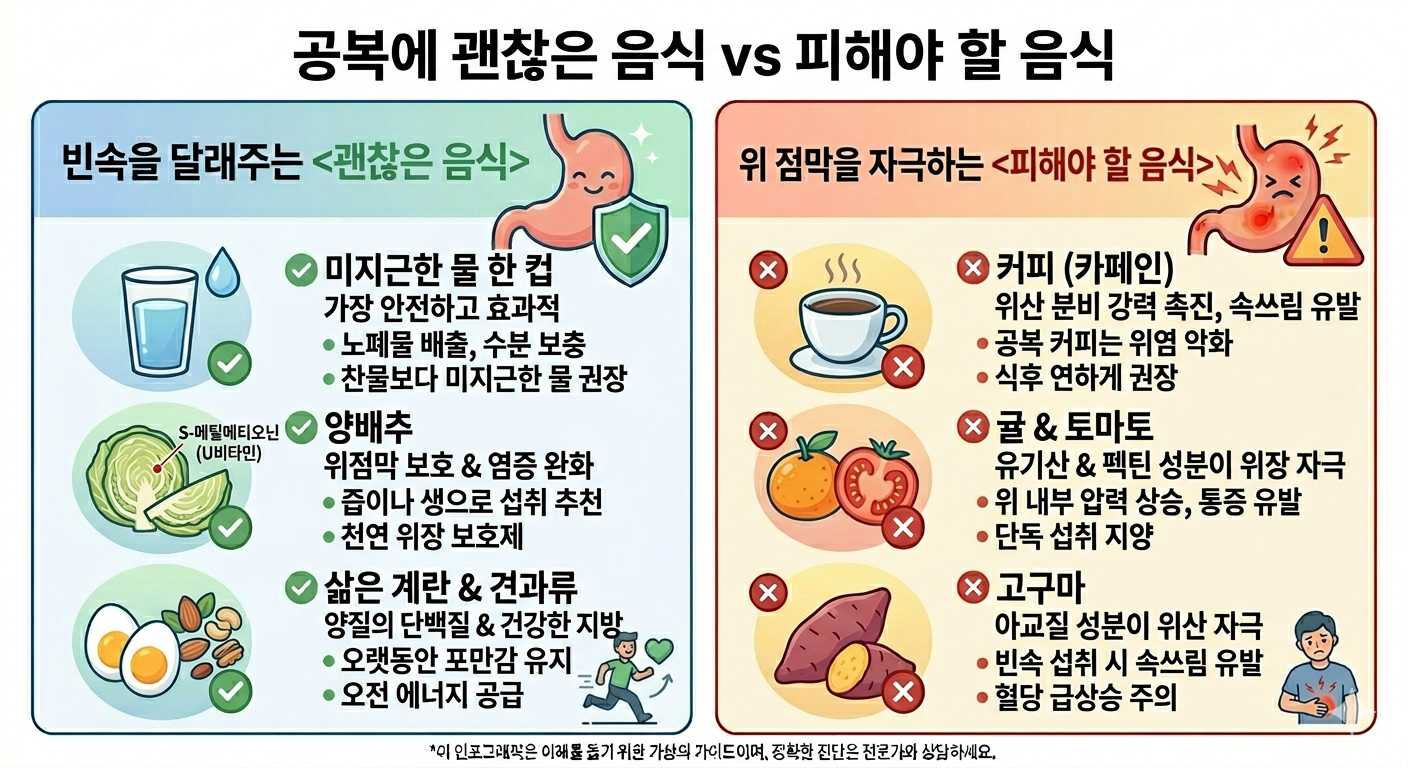 공복에 괜찮은 음식 vs 피해야 할 음식 인포그래픽