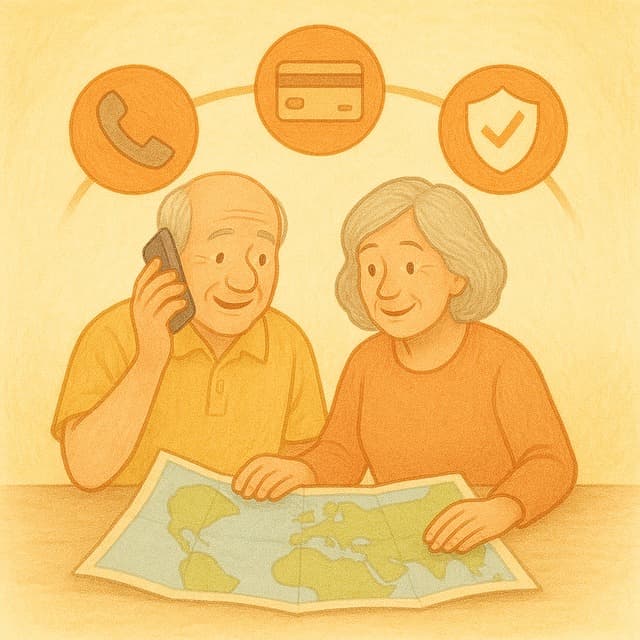 은퇴 부부가 지도를 보며 통화&middot;카드&middot;보험 아이콘이 연결된 장면 이미지