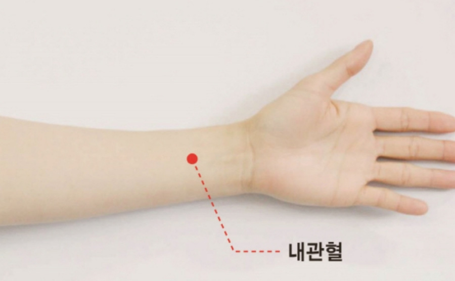 인체의 365혈 중에서 팔의 안쪽에 위치를 한 내관혈의 위치를 표시하고 있는 사진