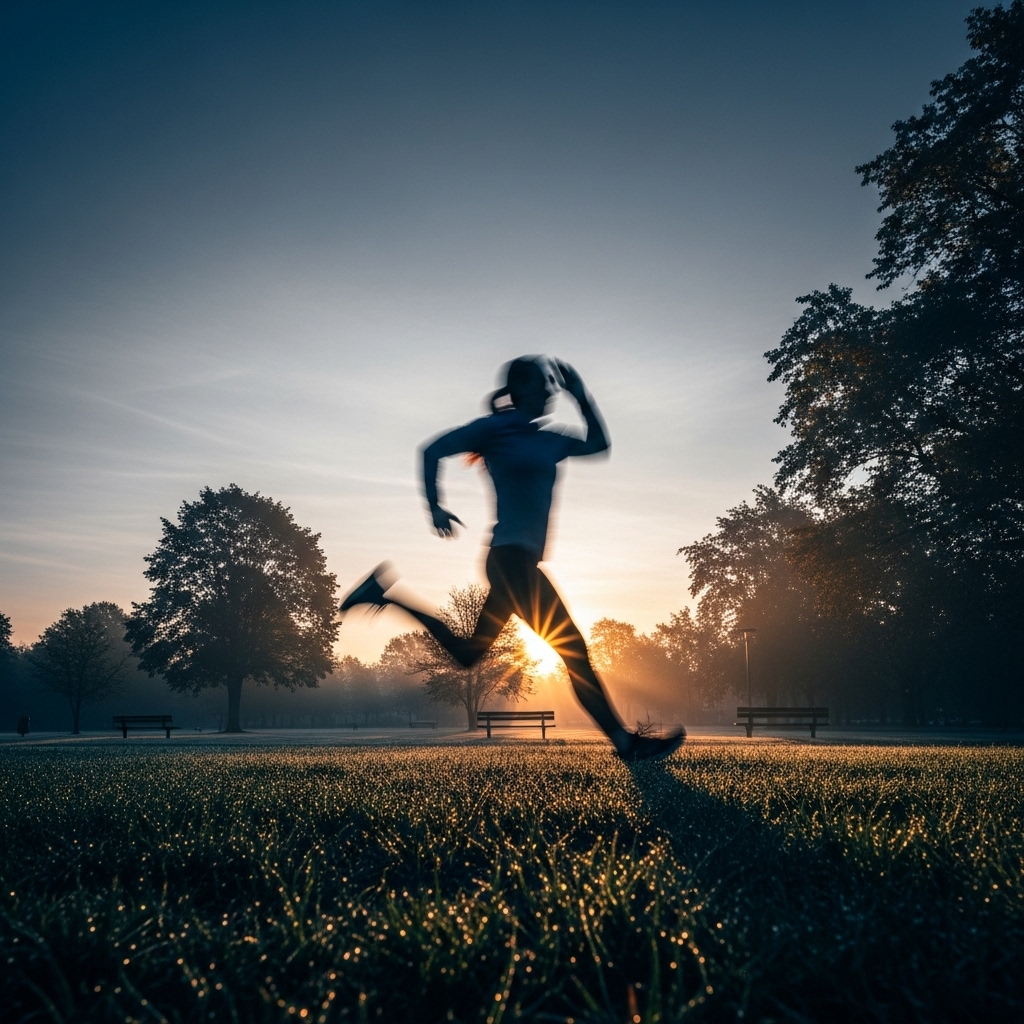 활기찬 아침, 공원에서 조깅하며 활력을 되찾는 사람의 모습.