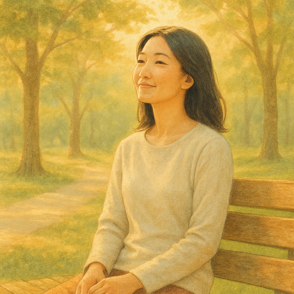 숲속 벤치에서 자연을 느끼는 여성