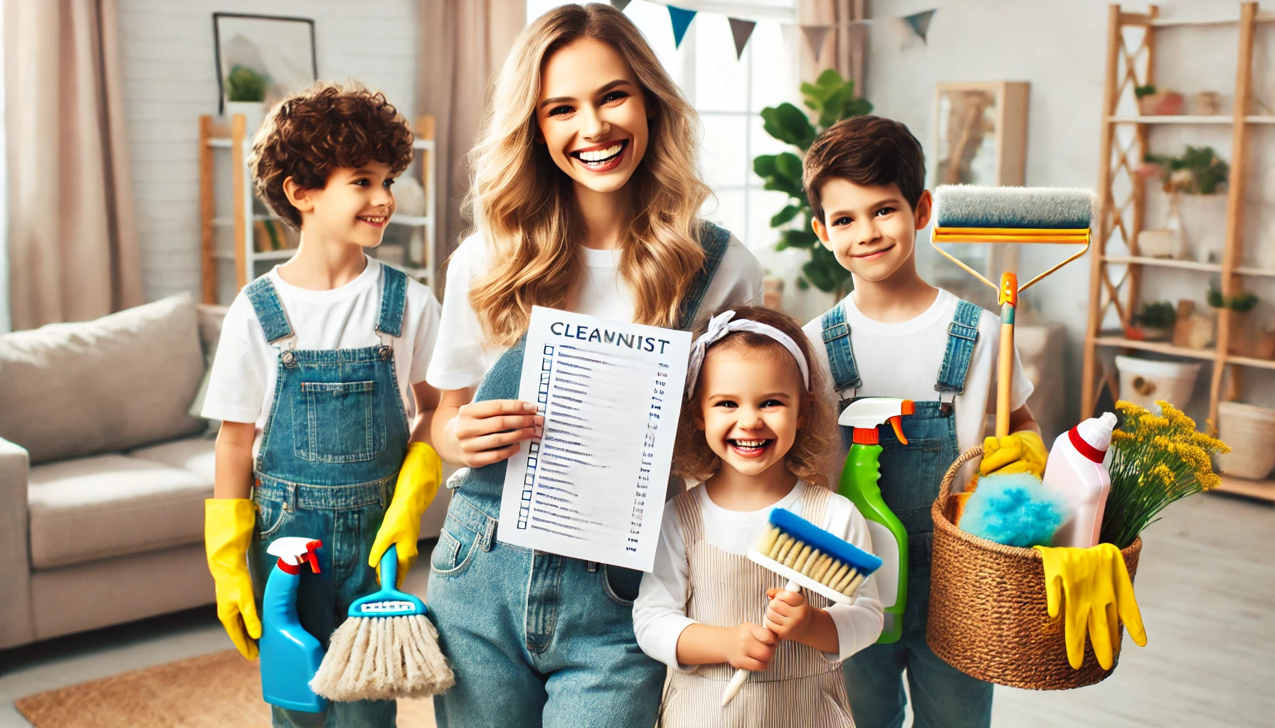 체크리스트를 들고 청소 준비하는 가족 모습
