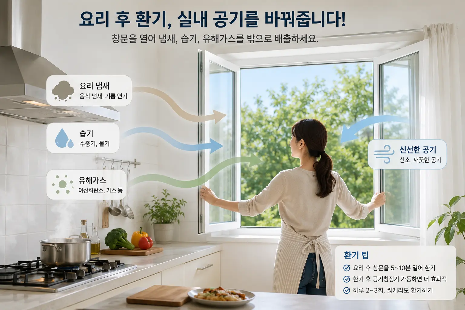 요리 후 주방 창문을 열어 환기하는 모습