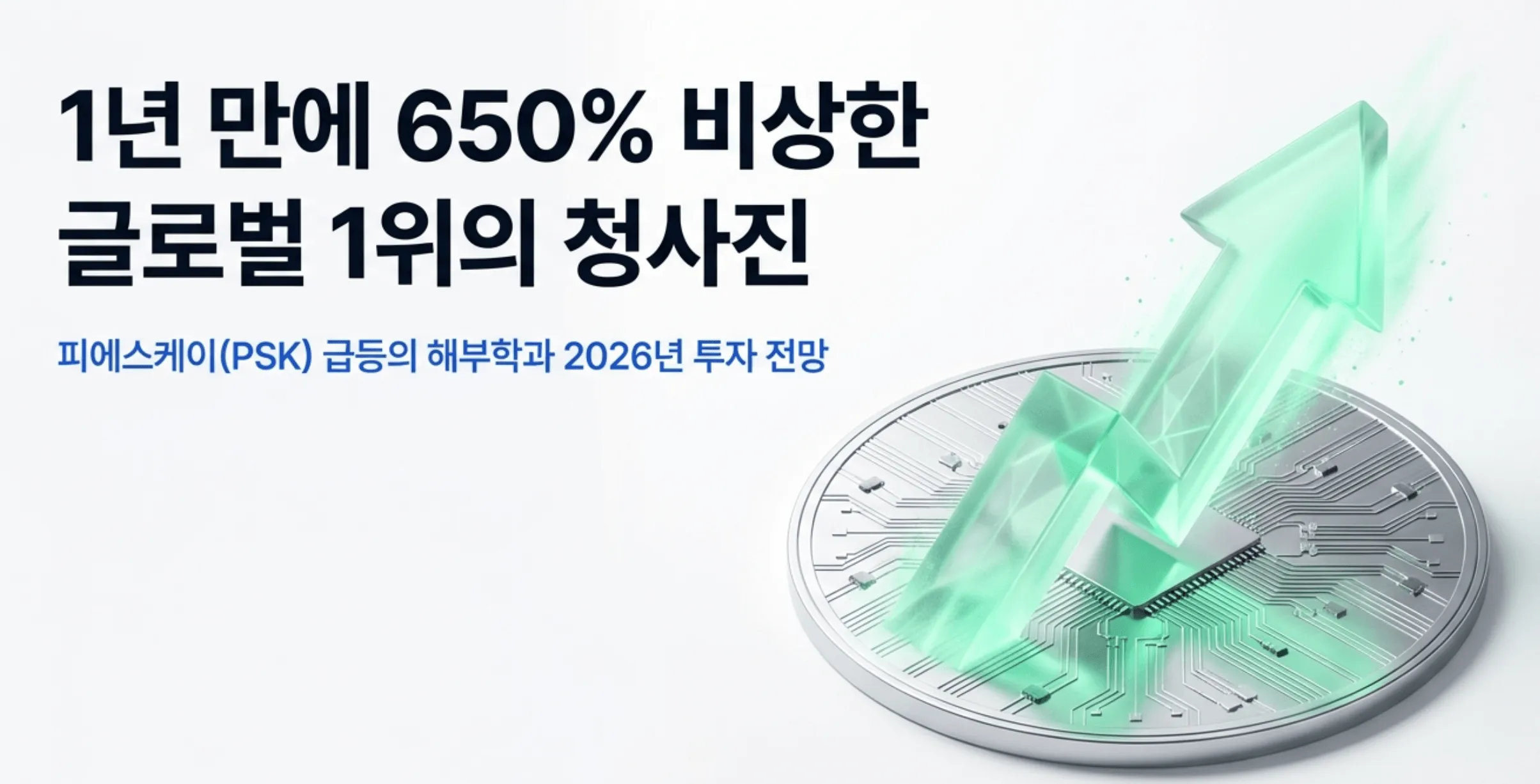 피에스케이 주가 전망: ’1년 만에 650% 비상한 글로벌 1위의 청사진'이라는 문구가 포함된 피에스케이 주가 전망 블로그 대표 이미지. 반도체 칩 위로 솟구치는 초록색 상승 화살표가 피에스케이의 1년 약 650% 급등과 전공정 장비 글로벌 1위 위상을 시각적으로 전달하며, 블로그의 피에스케이 주가 전망과 2026년 투자 분석 주제를 상징적으로 설명함