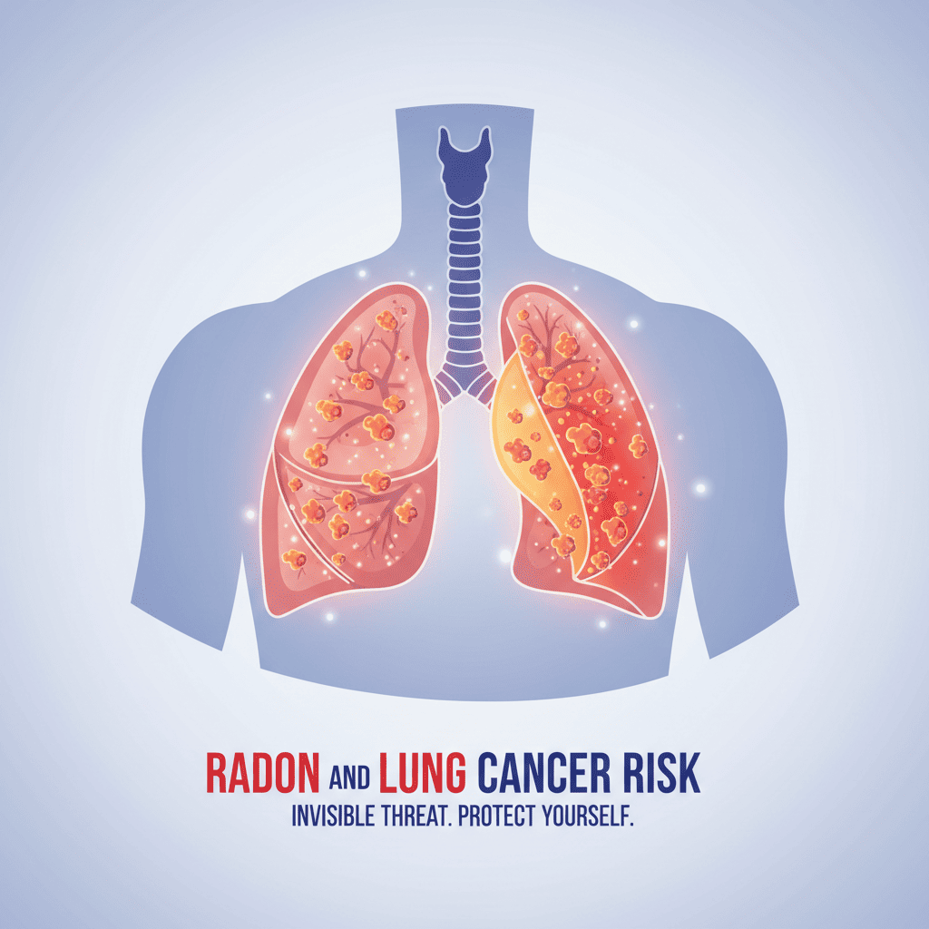 공기 중 작은 입자(라돈 딸핵종)가 폐 안쪽에 달라붙어 있는 모습