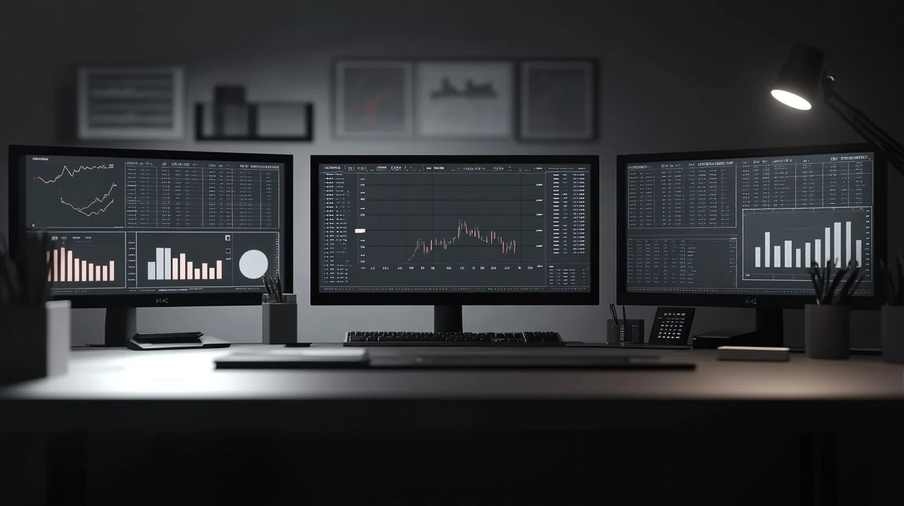 복잡한 차트와 그래프가 가득한 분석 작업 공간은 철저한 시장 분석과 기술적 이해를 상징하며, 명료하고 선명한 조명이 집중과 전문성을 강조합니다.