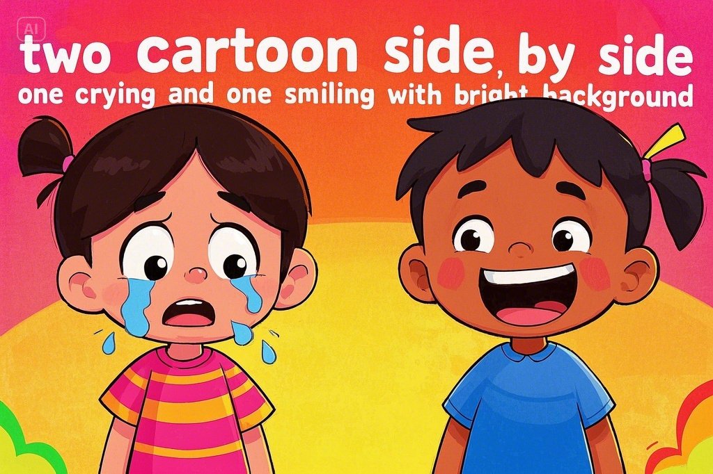 한 아이는 울고 한 아이는 웃는 모습이 나란히 있는 감정 대조 일러스트