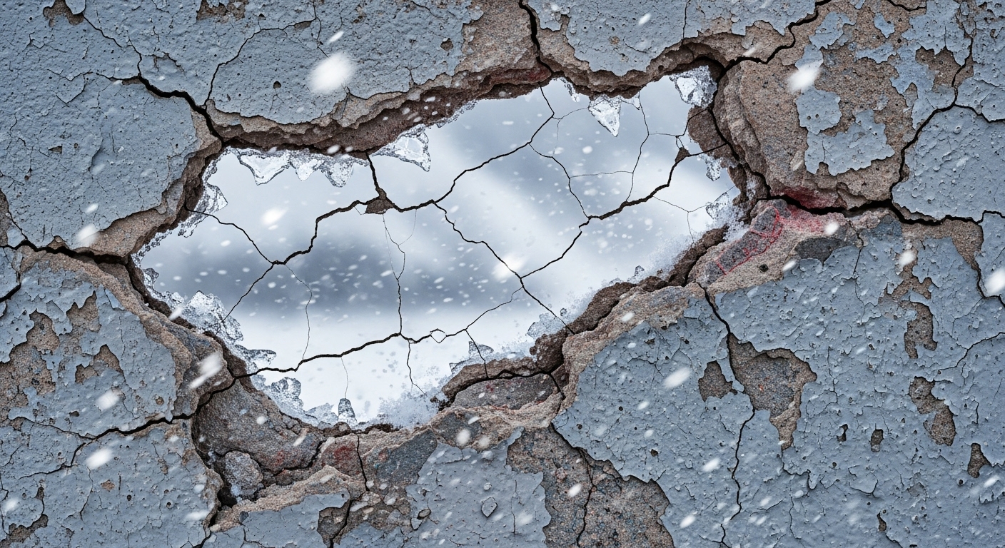 갈라지고 건조한 벽이 차가운 겨울 바람과 눈송이를 배경으로 손상된 피부 장벽을 상징적으로 보여줍니다.