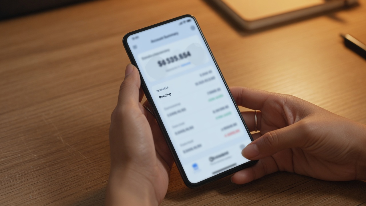 스마트폰으로 계좌 잔액을 확인하는 손